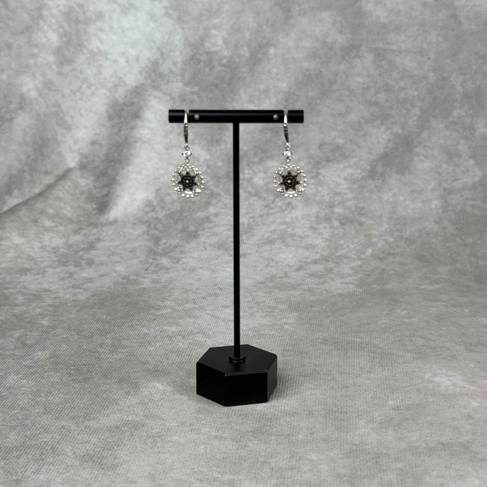 Freida Rothman Sterling Silver Industrial Gear Star Drop Earrings Black CZ